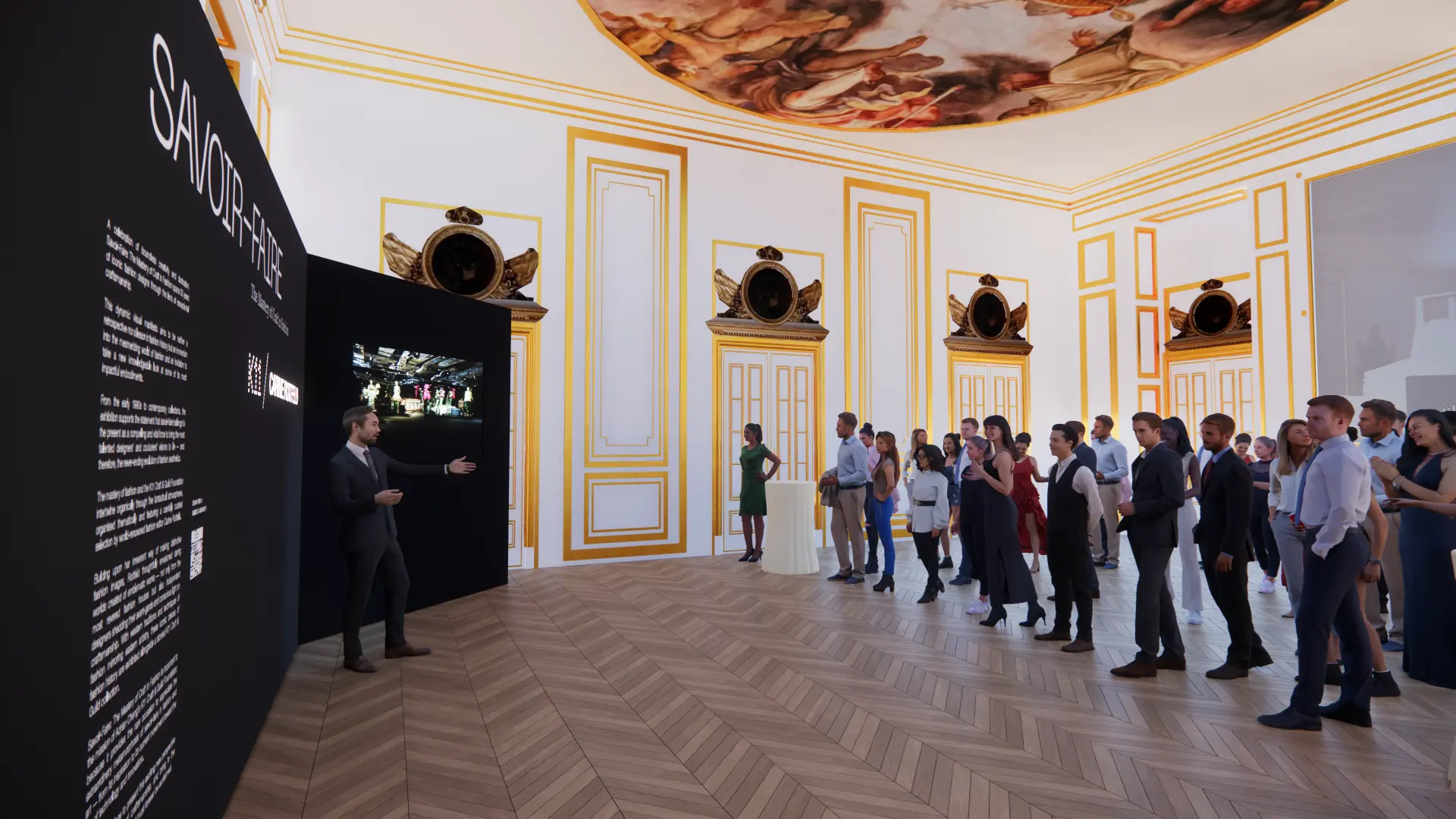 Mur d’exposition Savoir-Faire et public rassemblé dans le salon doré