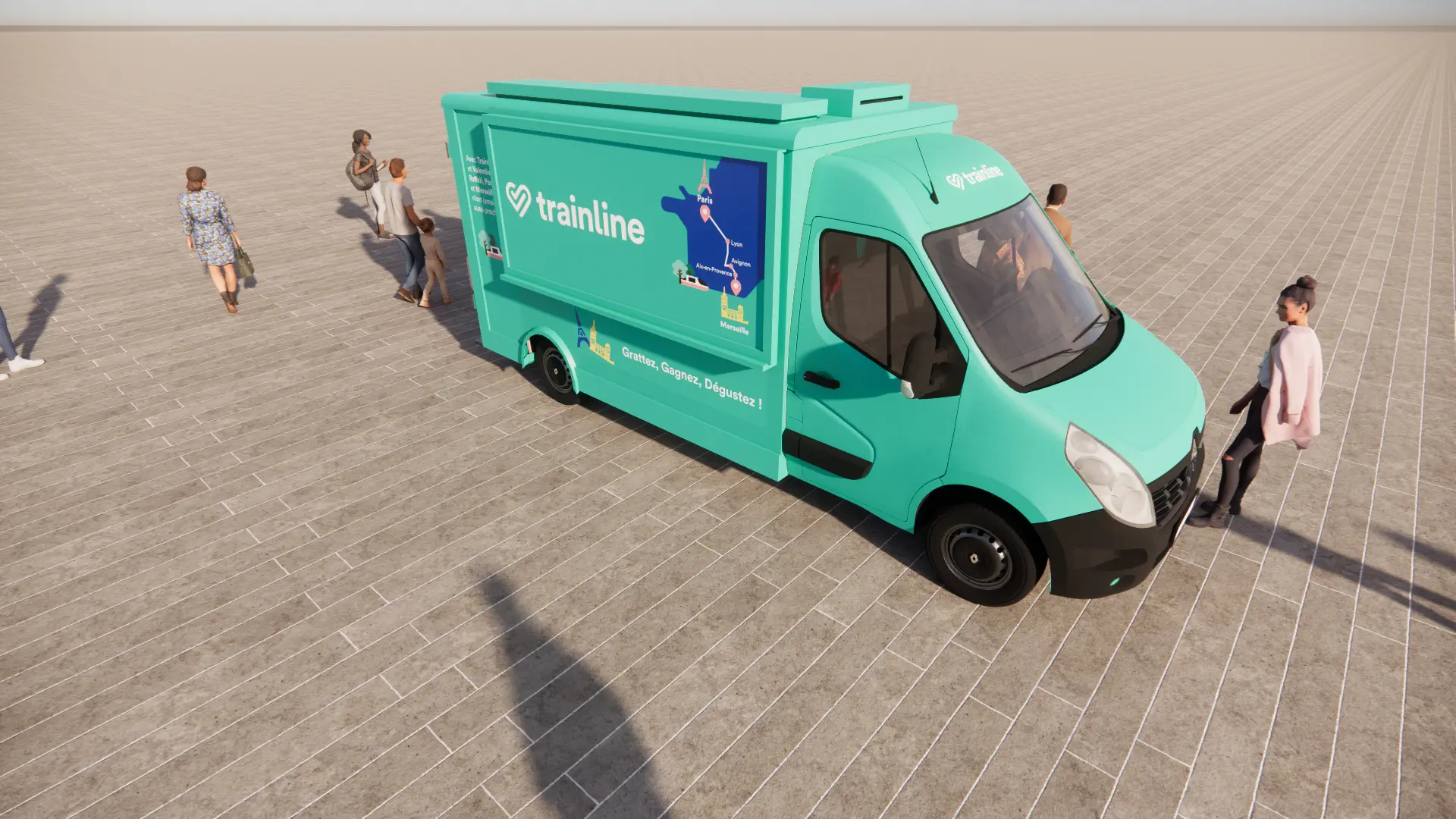 Vue en plongée du food truck dans son intégralité sur l’esplanade