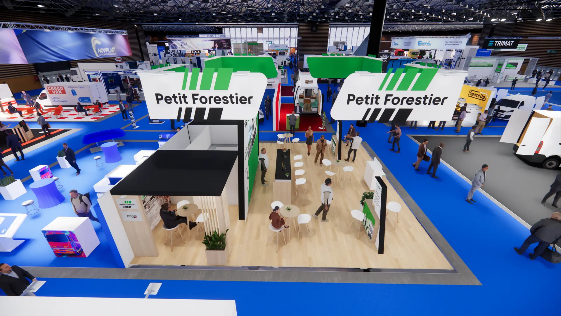 Vue arrière du stand, alcôve de réunion et allée centrale