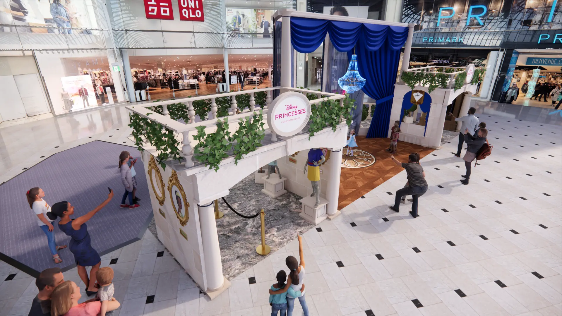 Vue aérienne du pavillon Disney Princesses entre les boutiques du centre