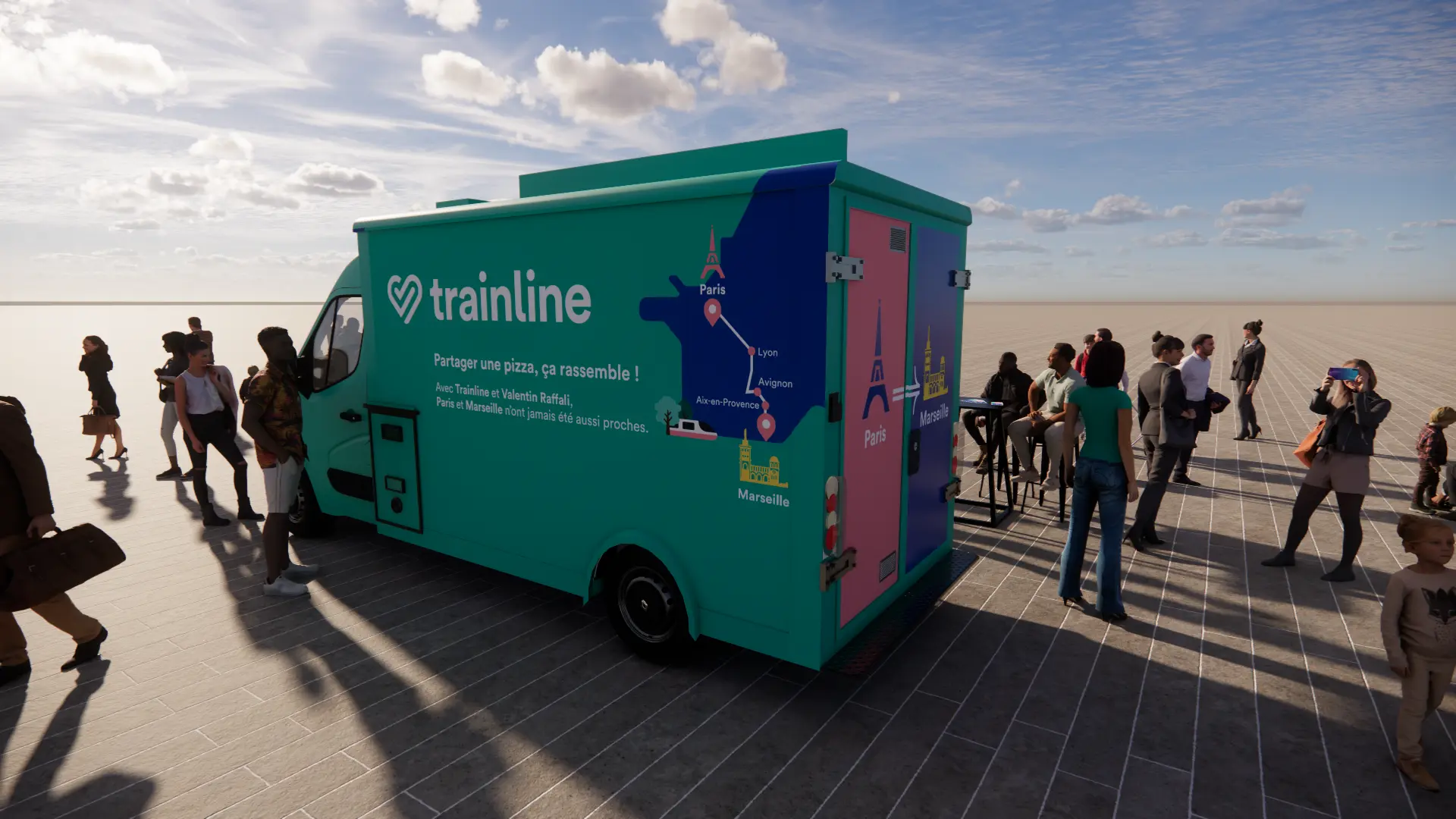 Vue à hauteur d’homme du food truck sous un ciel nuageux