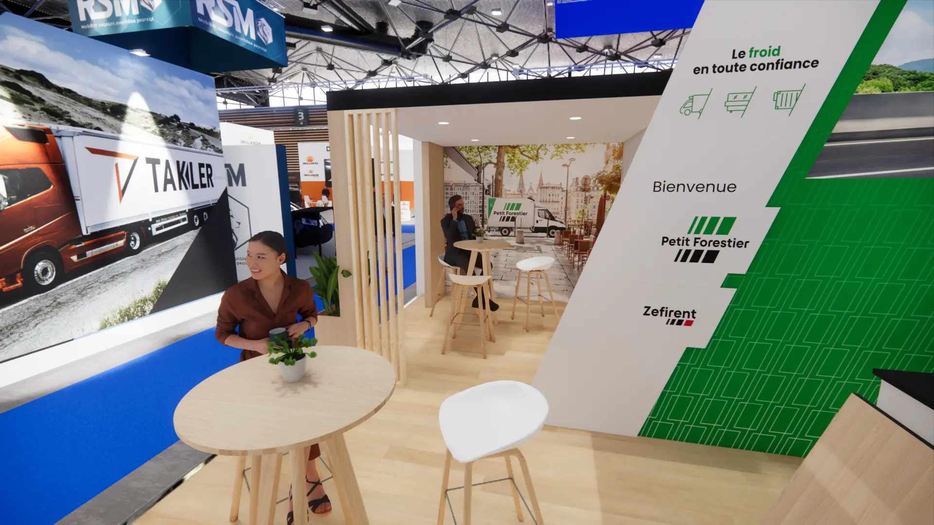 Espace d’échange avec tables rondes, plantes et alcôve en claustra de bois