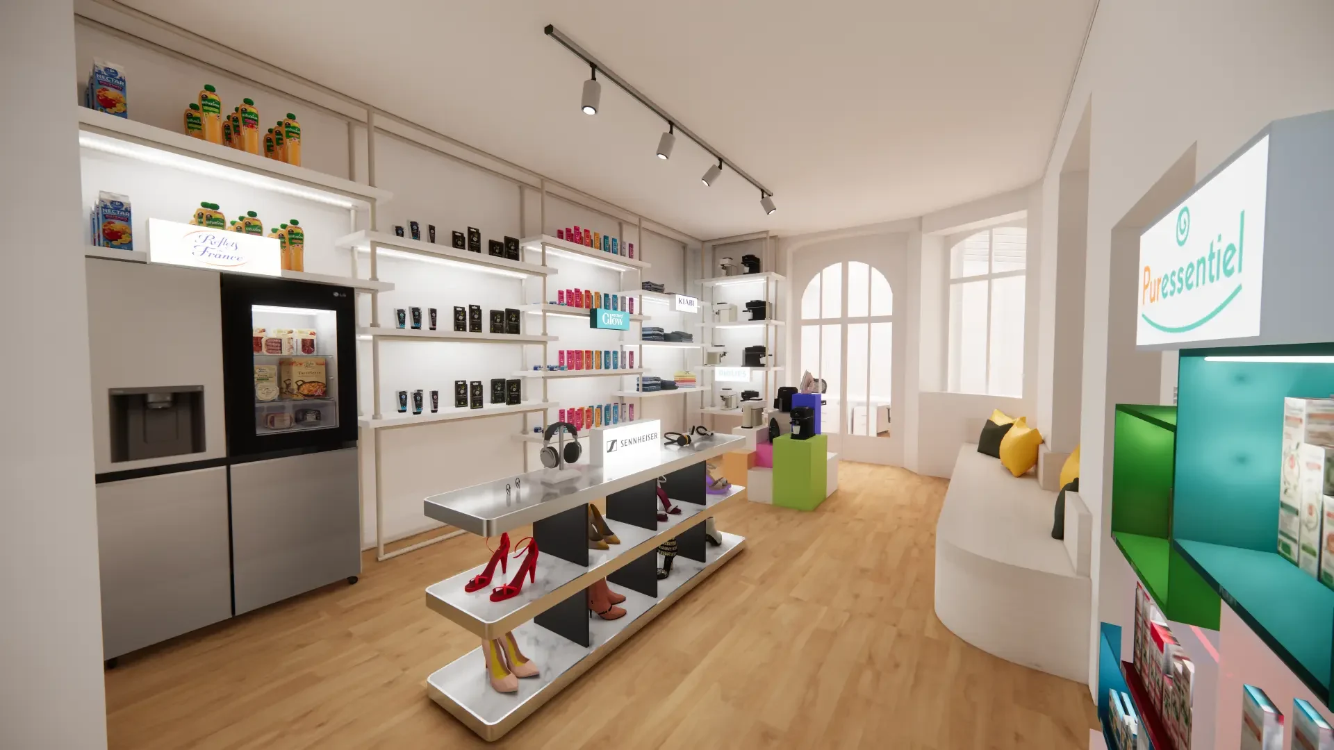Vue d’ensemble du show room, étagères blanches et réfrigérateur au premier plan