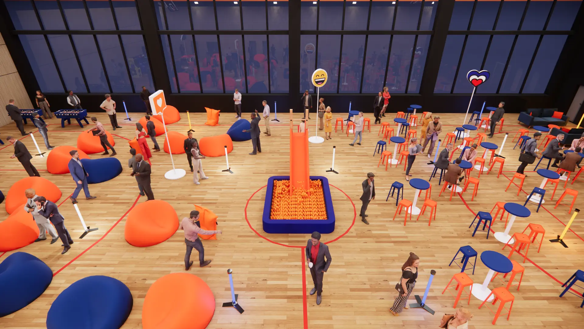 Le toboggan et le bac à balles orange au centre du terrain de basket