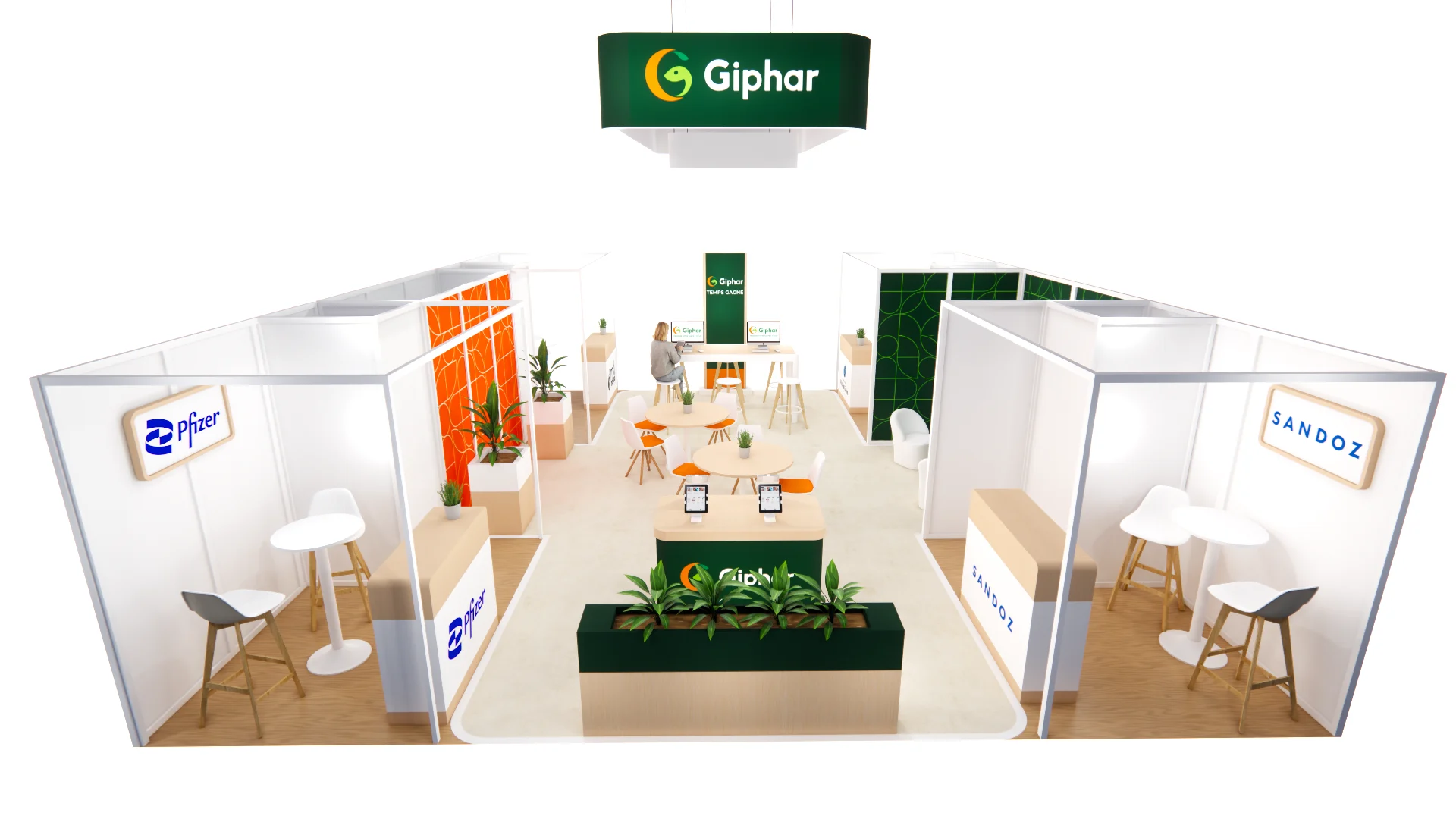 Vue de face du stand Giphar, jardinière centrale et espaces partenaires