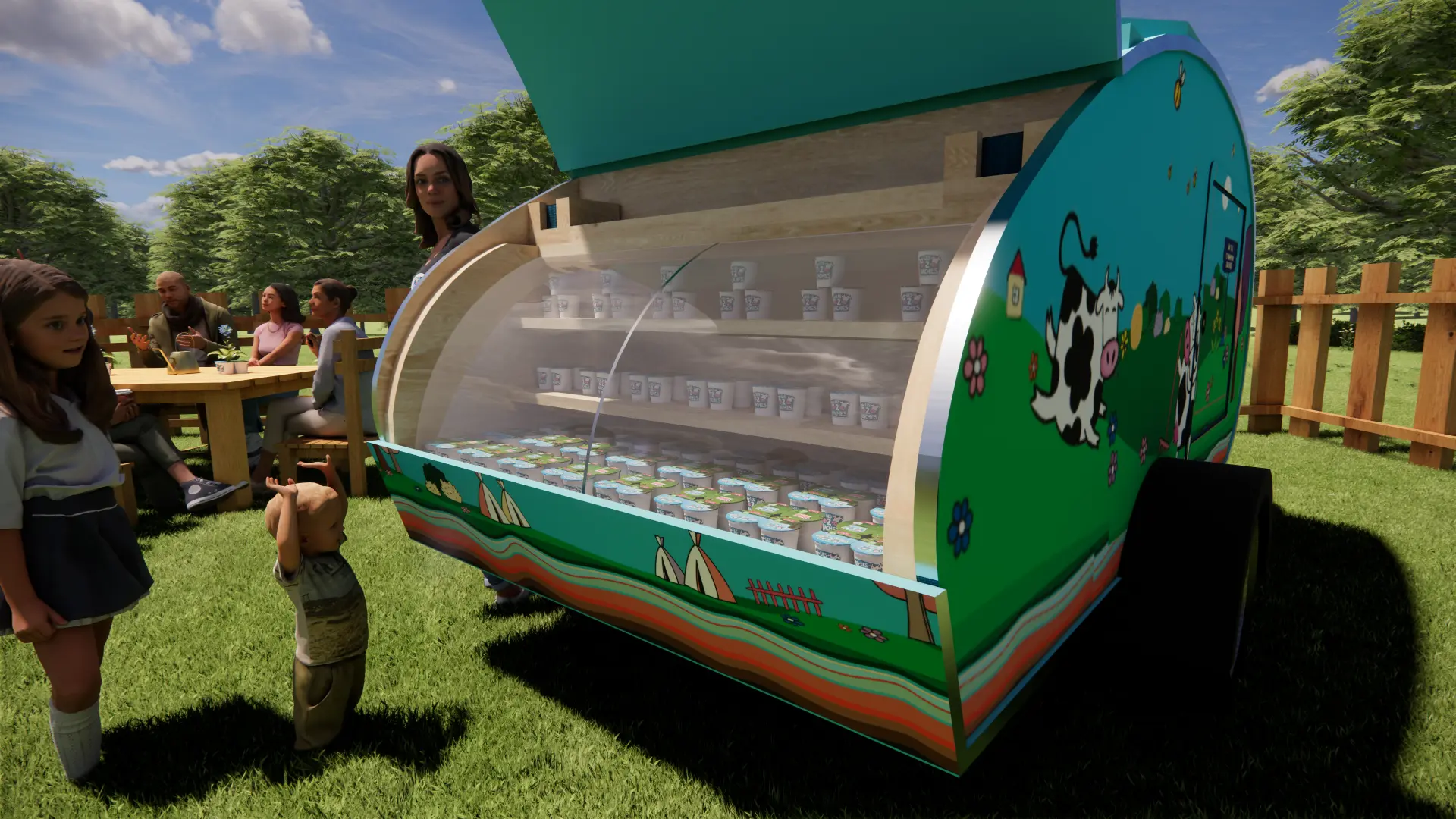 La vitrine de la caravane ouverte face aux visiteurs