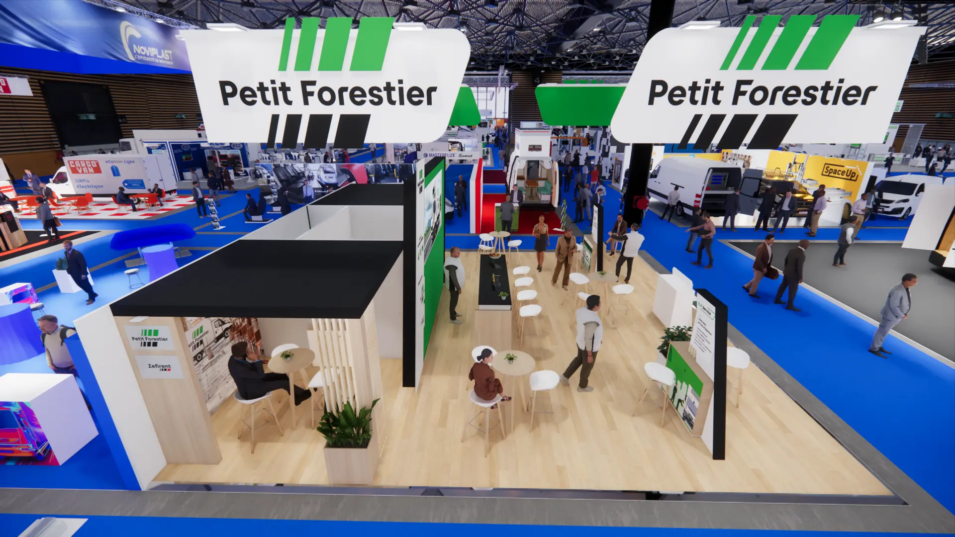 Vue aérienne de l’implantation complète du stand et de ses deux enseignes