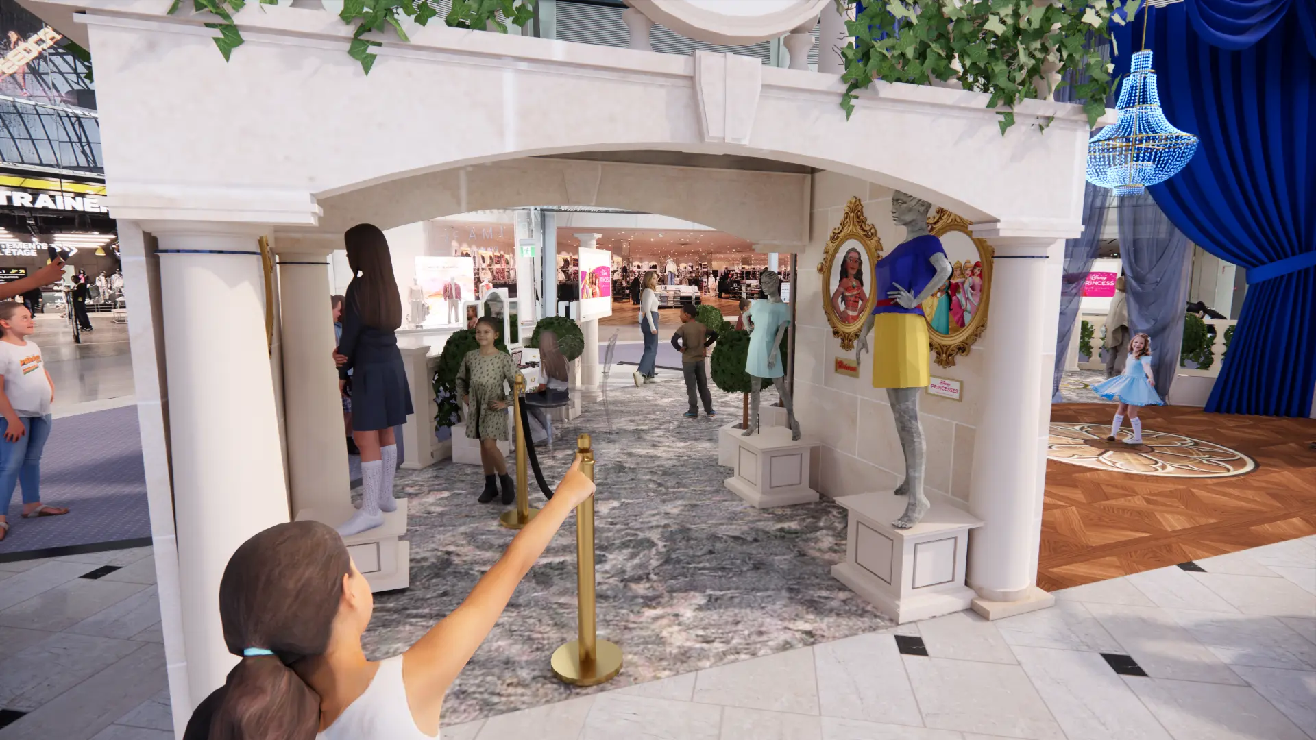 Les arcades du pavillon avec mannequins de princesses, miroirs dorés et file d’attente