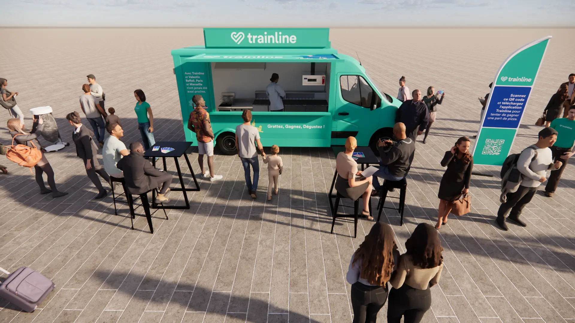 Le food truck en activité, auvent ouvert, mange-debout et kakémono à QR code