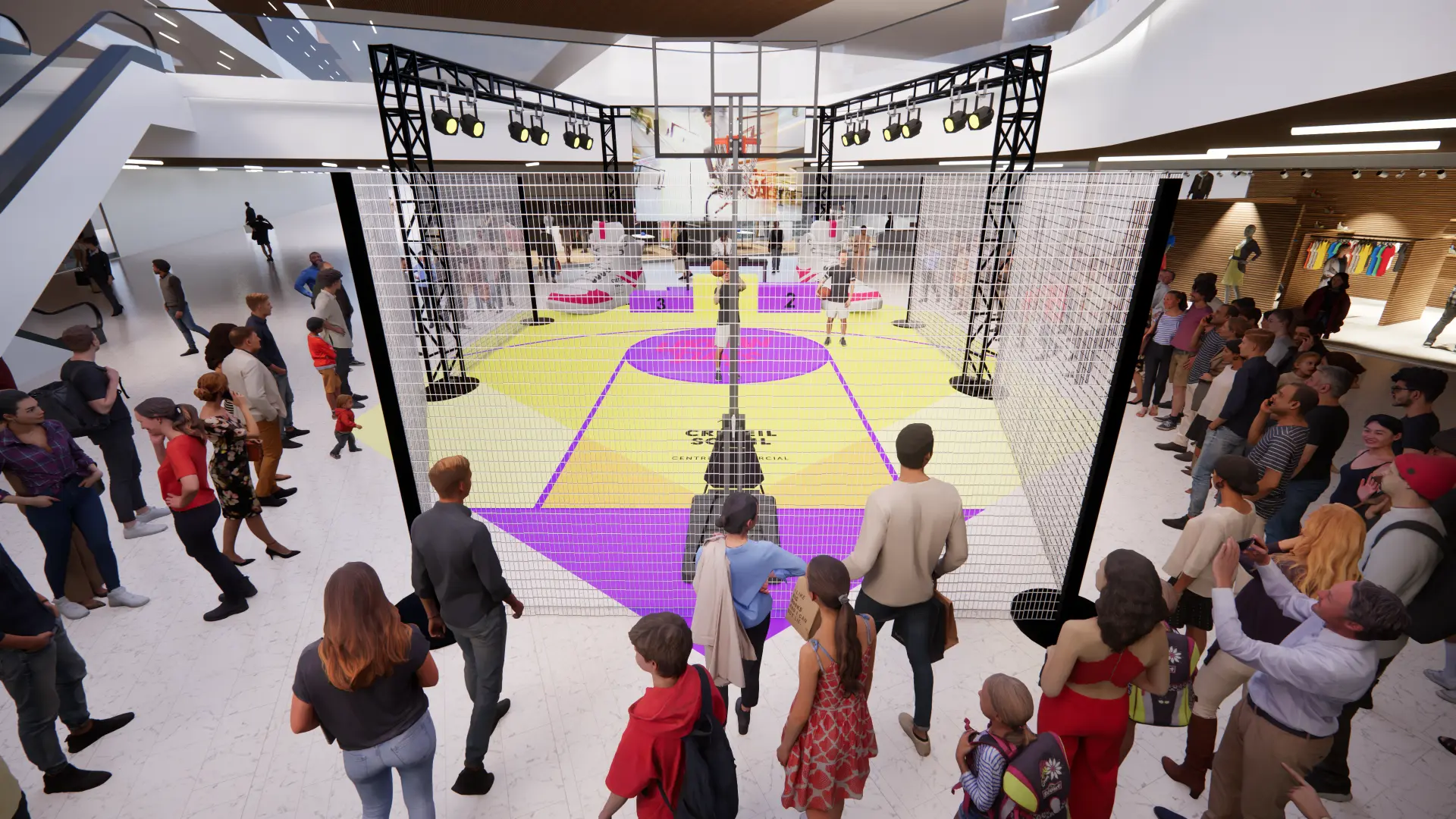 Vue avant de la scénographie Urban Days, terrain de basket
