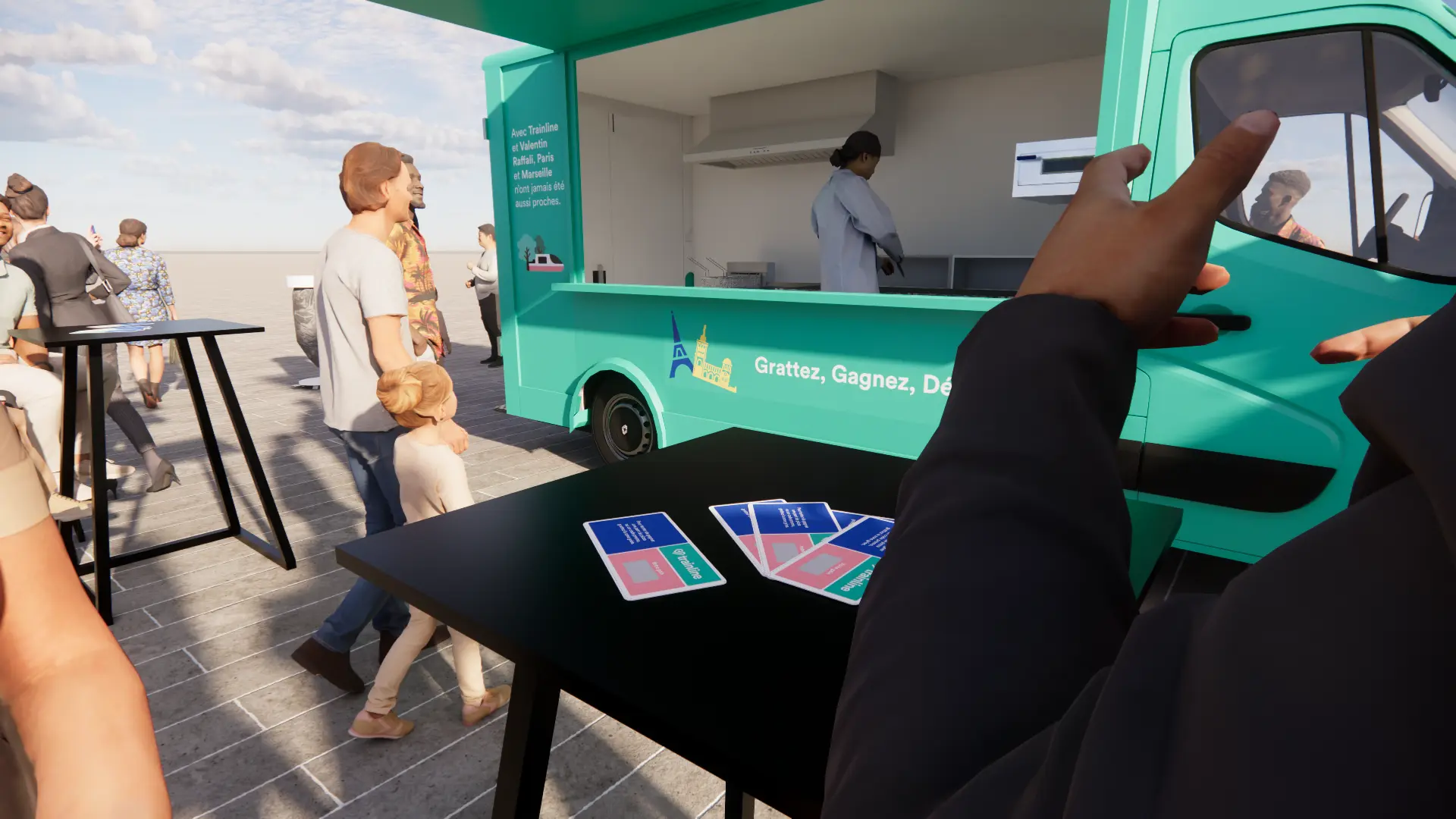Vue subjective depuis un mange-debout, cartes à gratter et cuisine du food truck