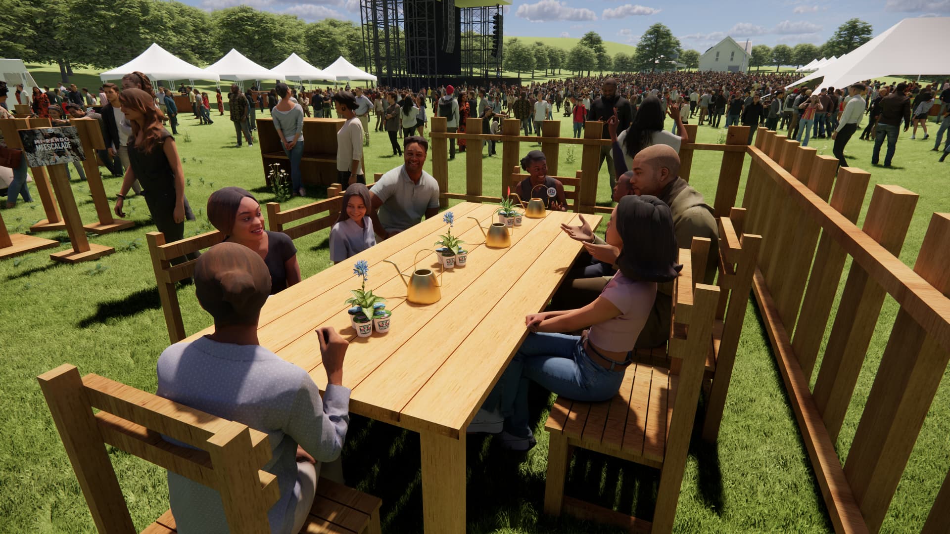 Table de dégustation en bois face à la scène du festival