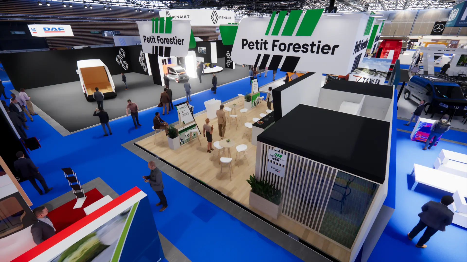 Arrière du stand, espace de réunion en tasseaux de bois et bar de profil