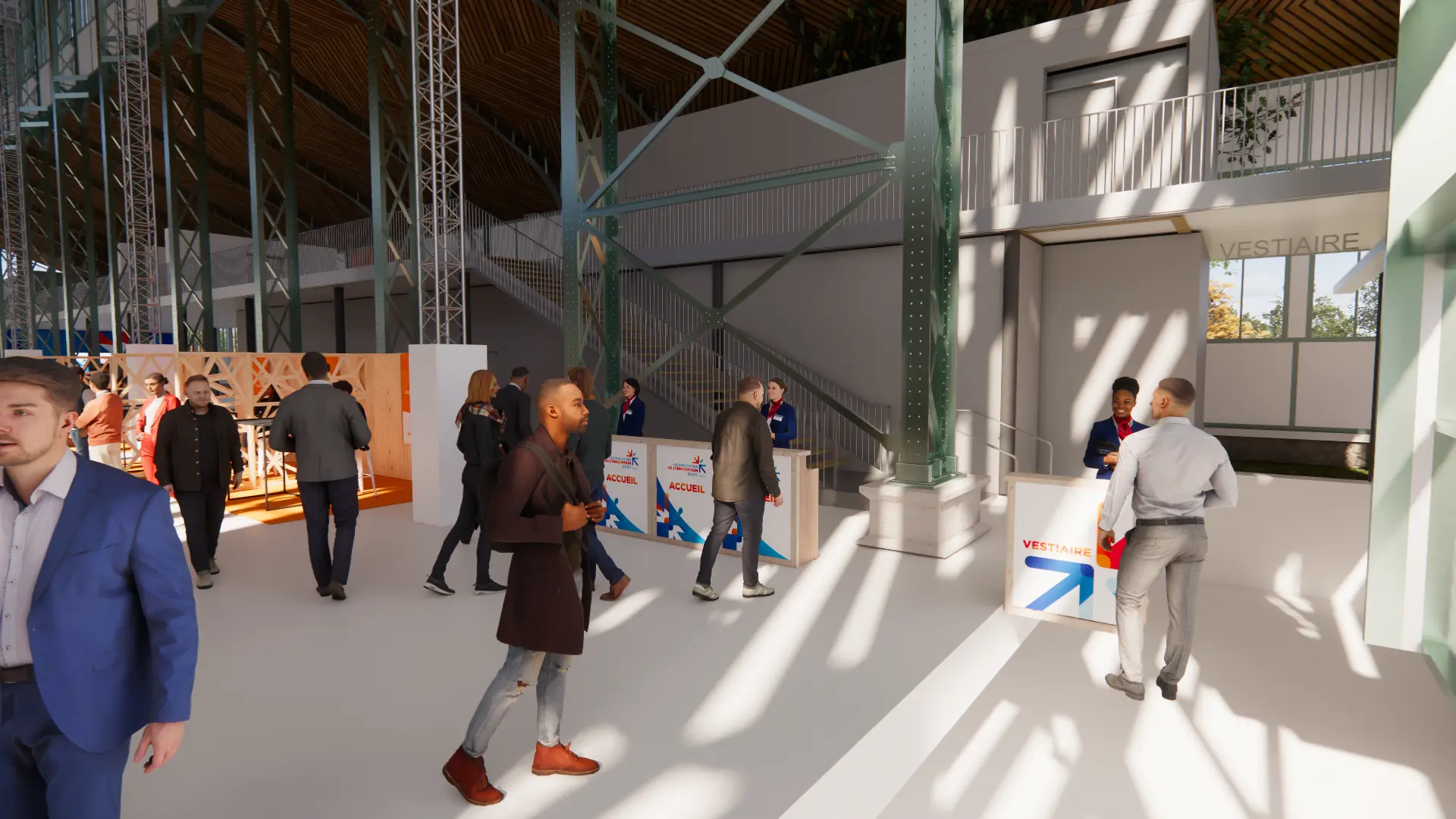 Le hall d’accueil avec ses comptoirs en bois clair « Accueil » et « Vestiaire »