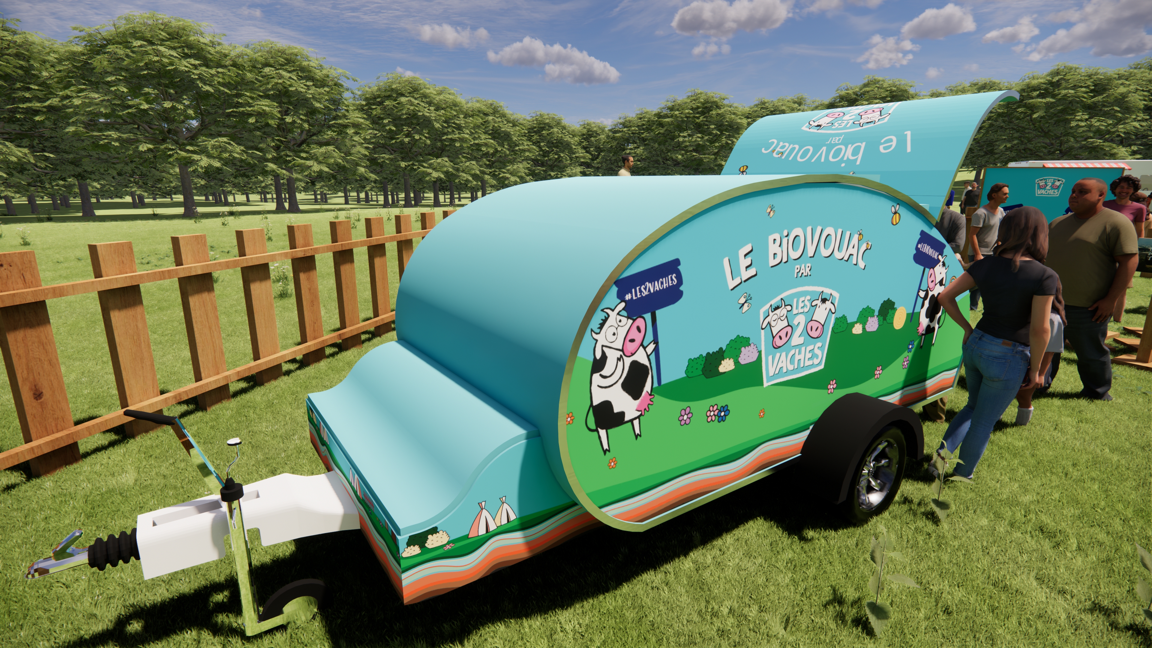 Univers de marque Les 2 Vaches représenté en 3D pour un dispositif événementiel