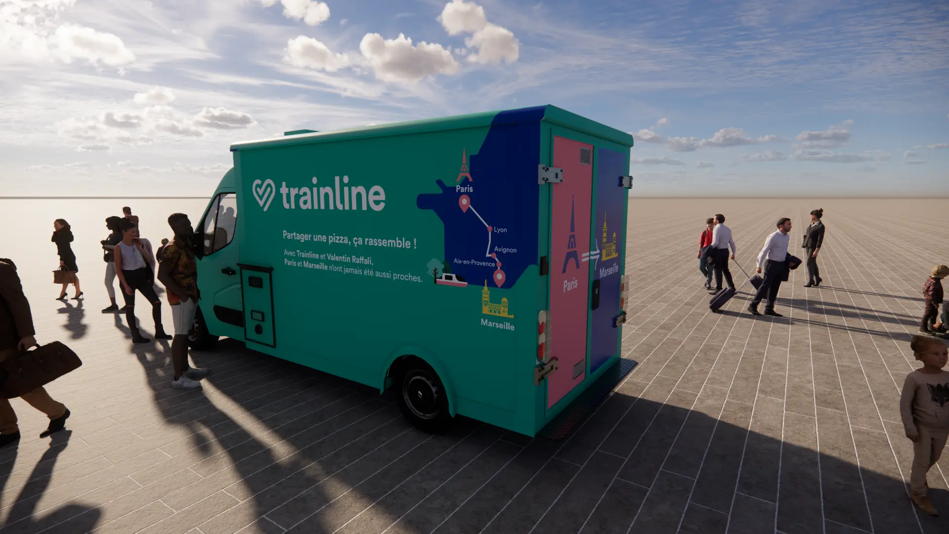 Vue d’ensemble du food truck de trois-quarts arrière, tracé Paris–Marseille et slogan
