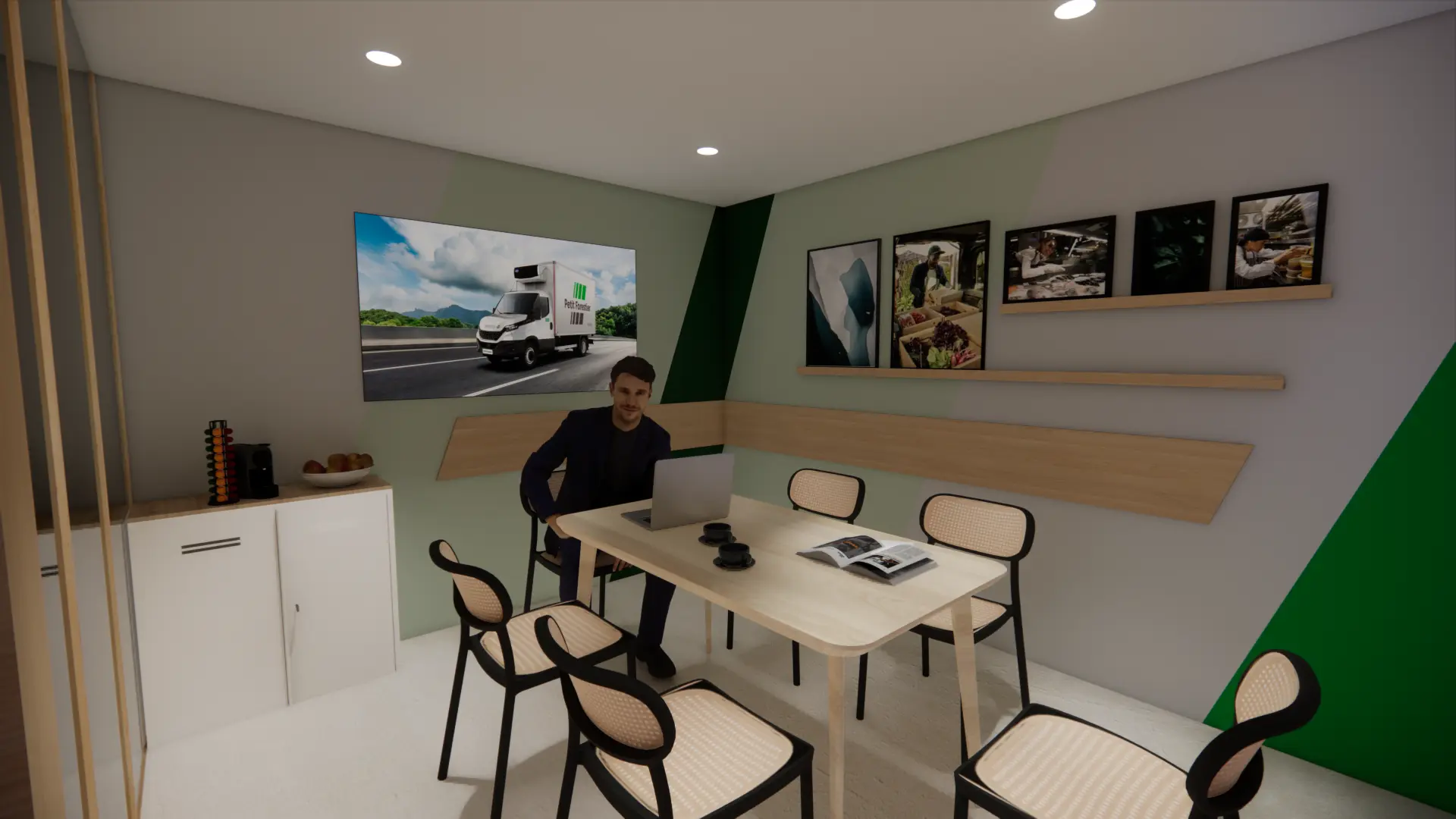 Intérieur de la salle de réunion, table en bois clair et écran mural