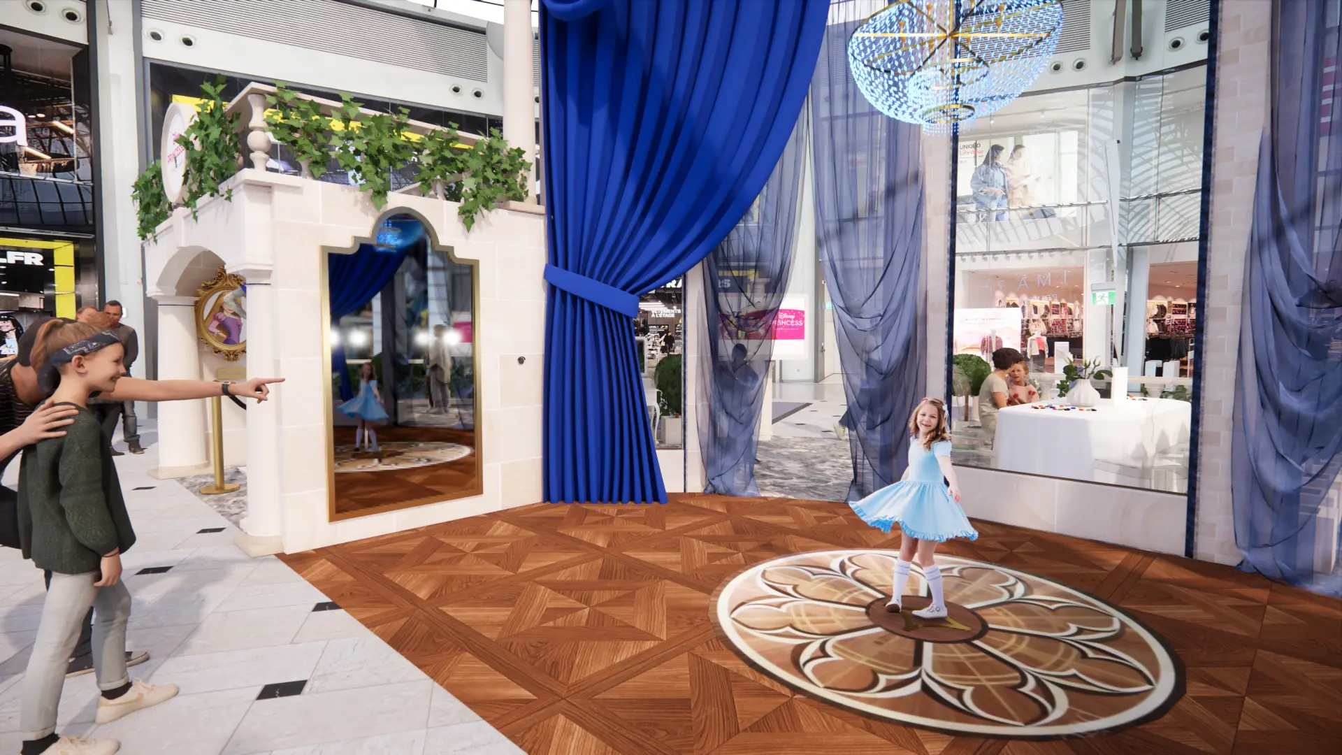 Une petite fille fait un tour sur la rosace centrale devant le pavillon et le miroir doré
