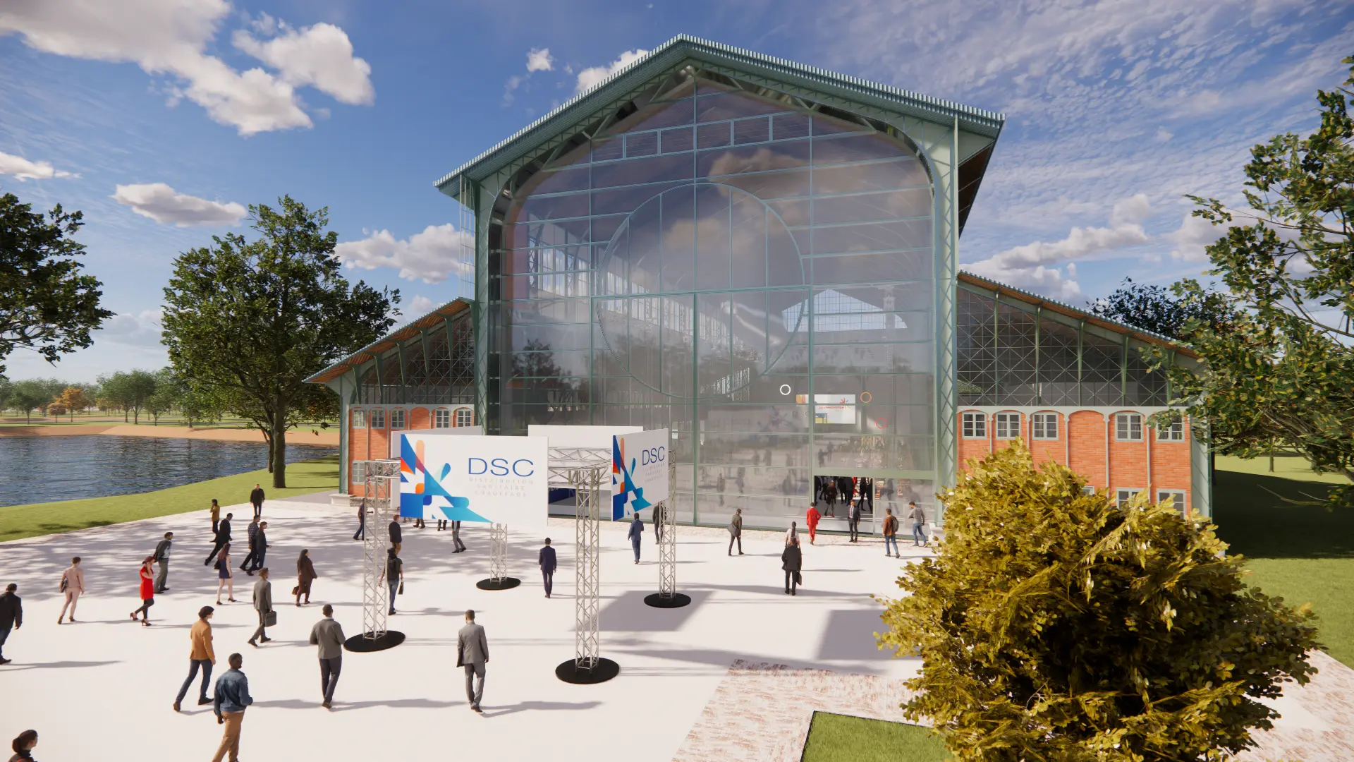 Le parvis extérieur de la halle DSC, ses passants et ses portiques d’entrée blancs et bleus