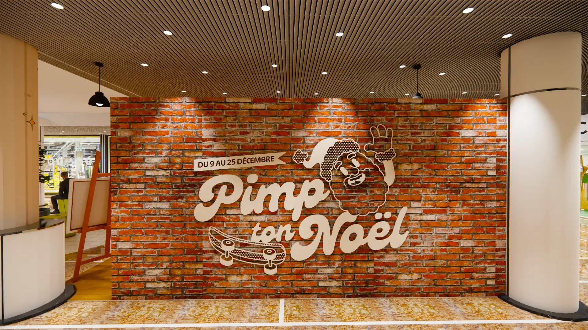 Le mur de briques Pimp ton Noël et son enseigne