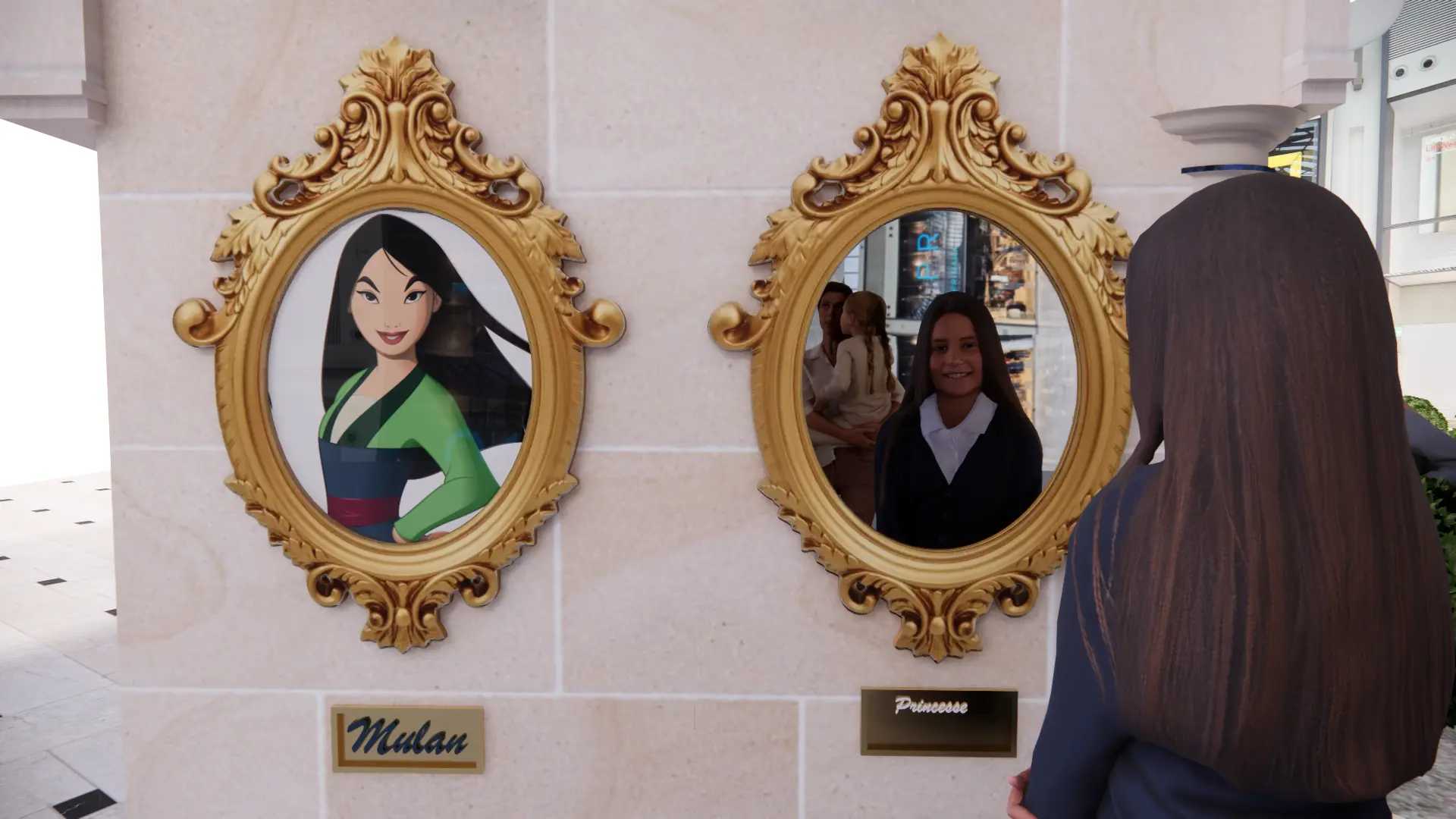 Une jeune fille se découvre princesse dans le miroir doré de Mulan