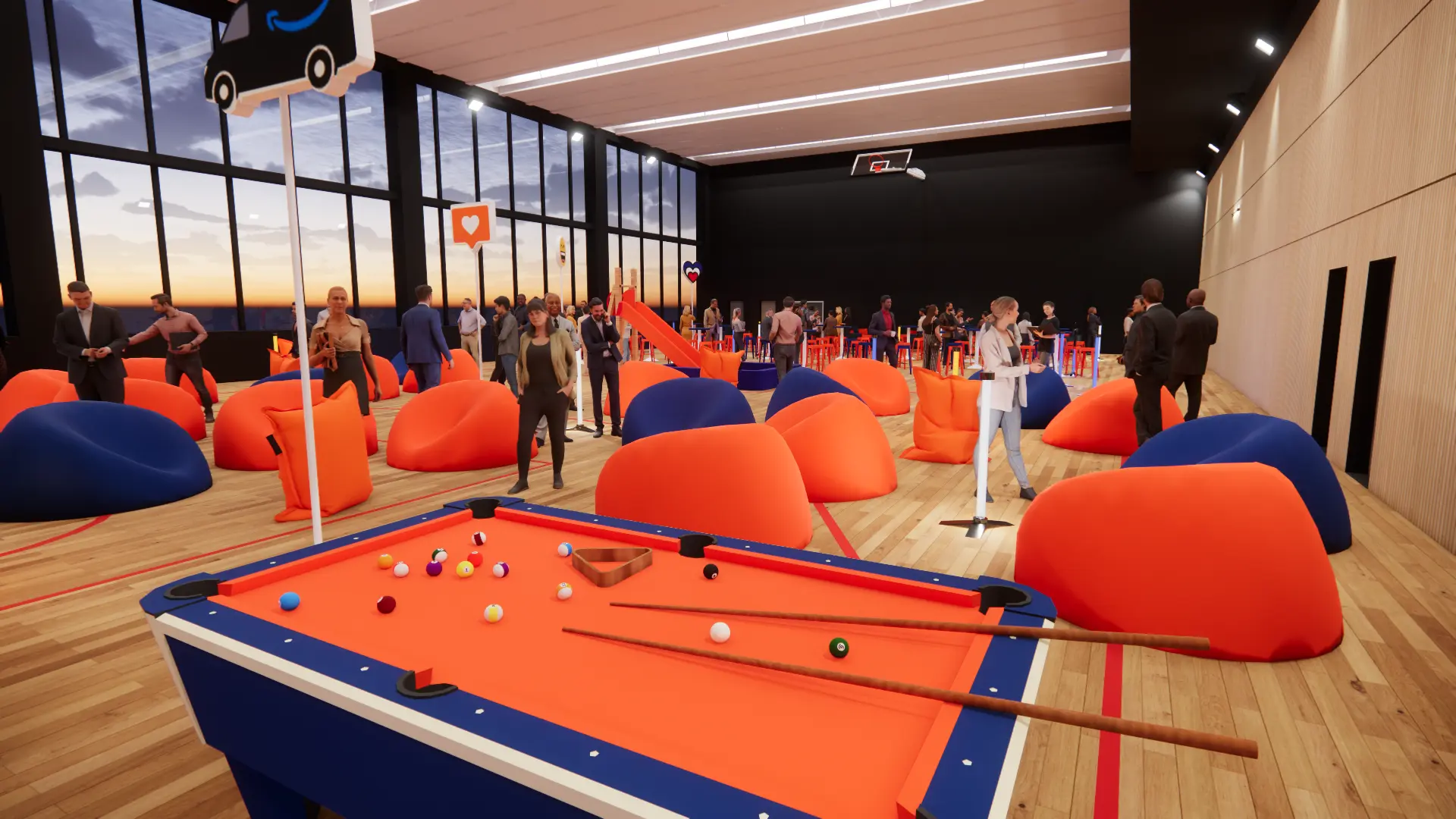 Billard orange et poufs, panneau du van Amazon au premier plan