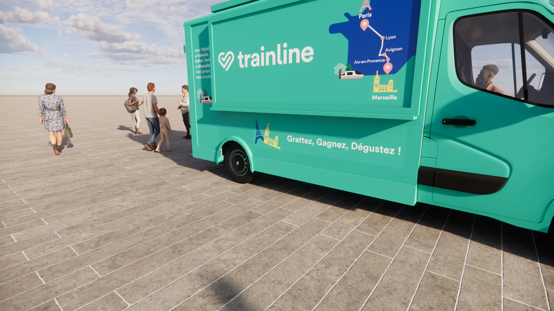 Flanc du food truck, carte de France et mention « Grattez, Gagnez, Dégustez ! »
