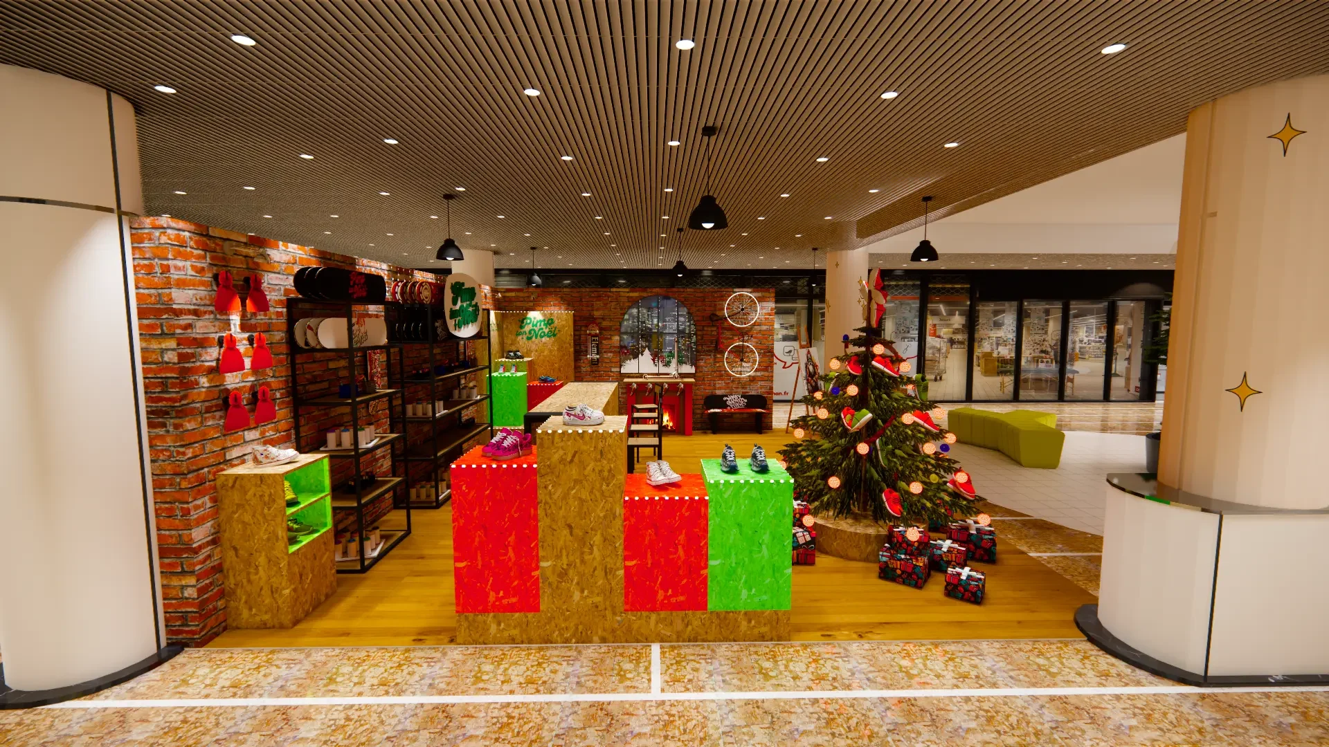Les cubes cadeaux rouge et vert et le sapin décoré