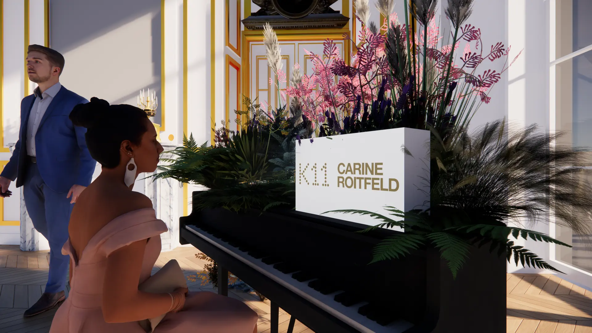 Piano et panneau K11 / Carine Roitfeld au milieu des fleurs