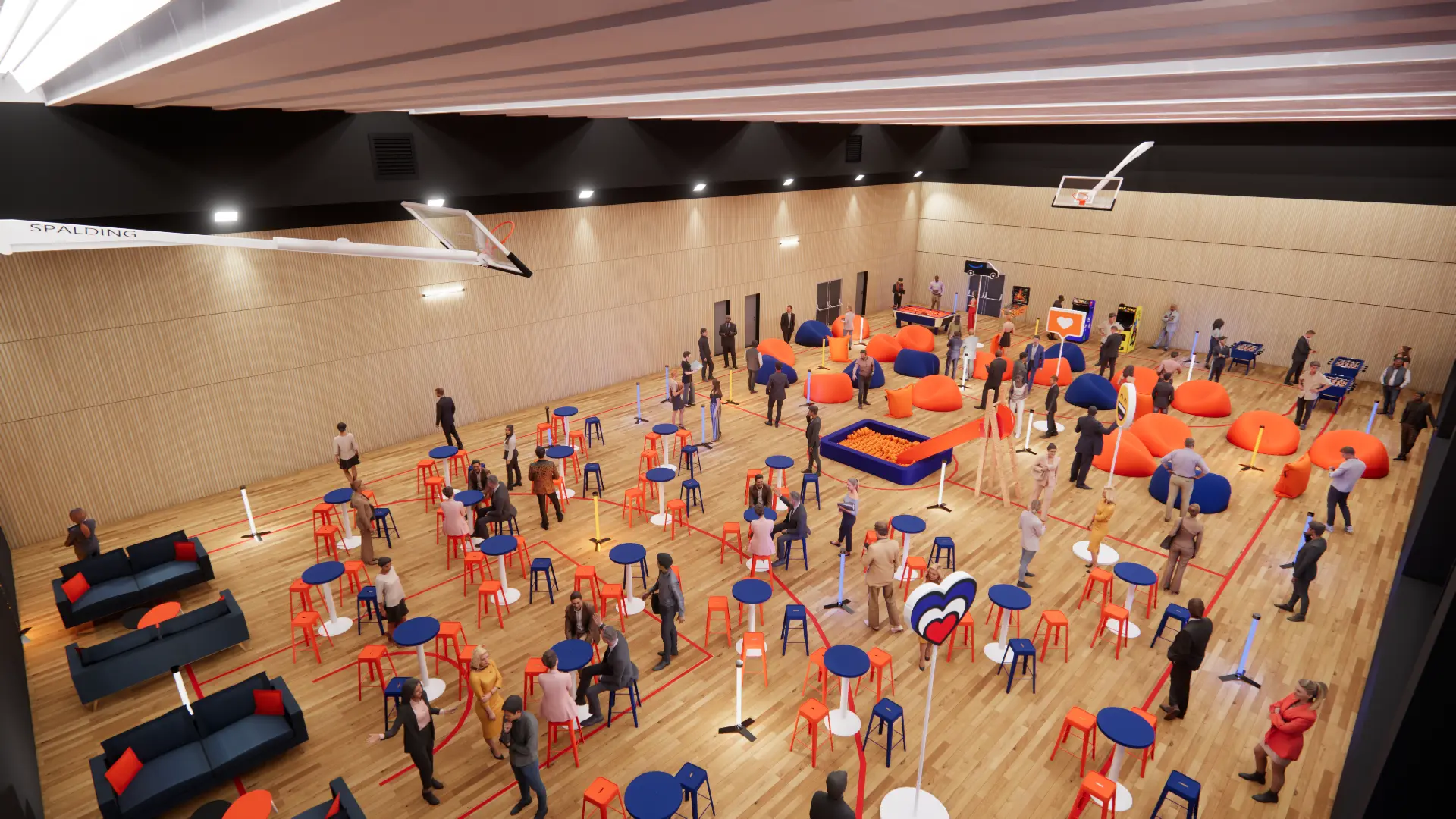 Vue aérienne de l’ensemble du gymnase reconverti aux couleurs Amazon
