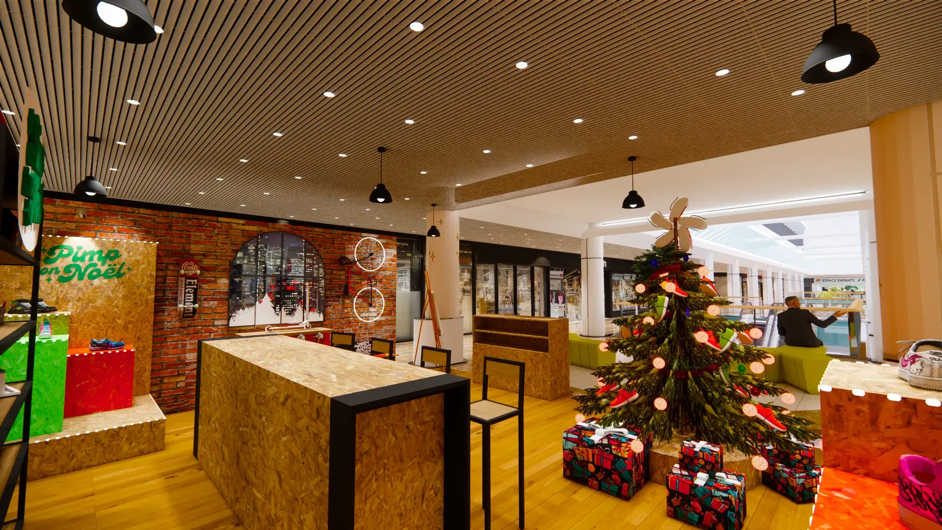 Les comptoirs en bois, le sapin et les cadeaux