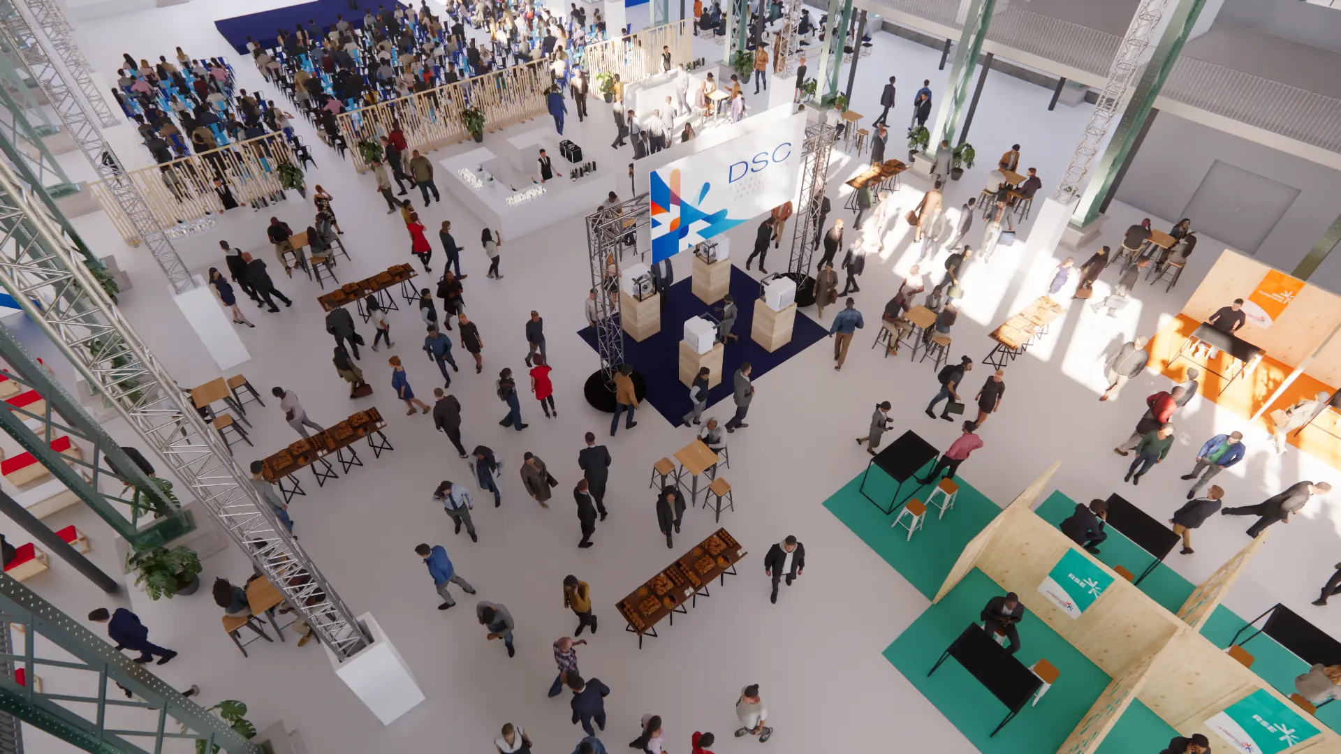 Vue aérienne de la halle : espace de conférence, buffets et podium central marqué DSC