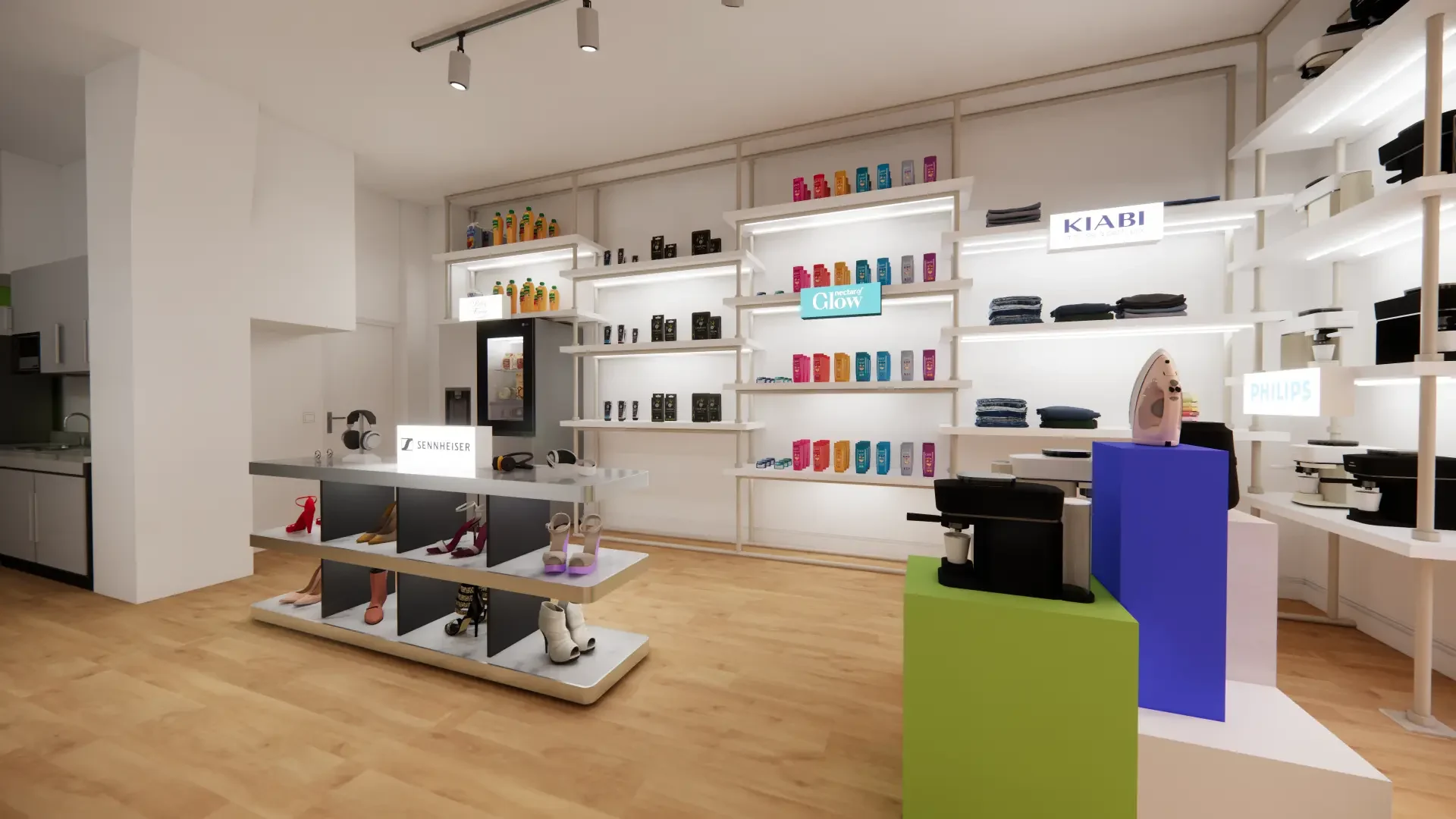 Vue du show room vers les étagères et les présentoirs colorés