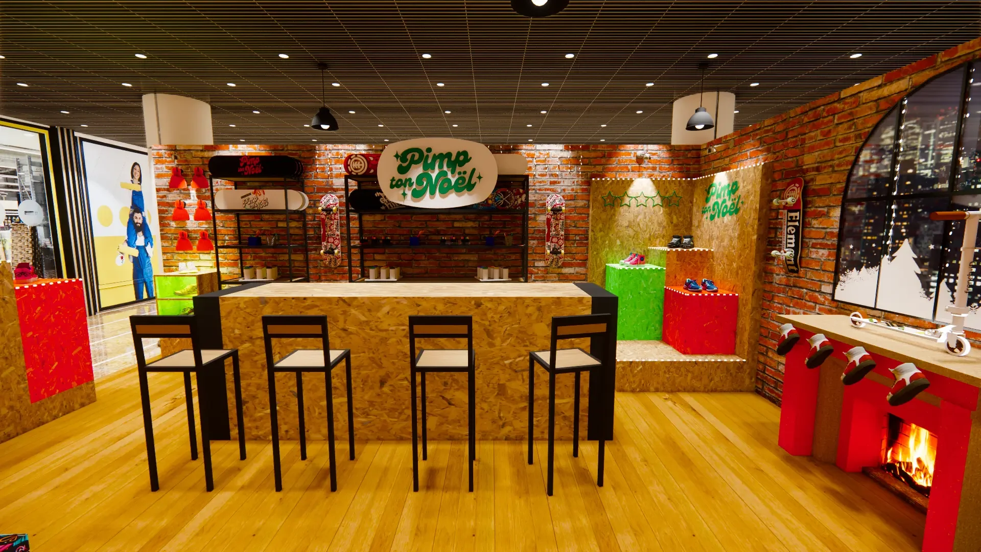 Le bar et ses tabourets face à la cheminée