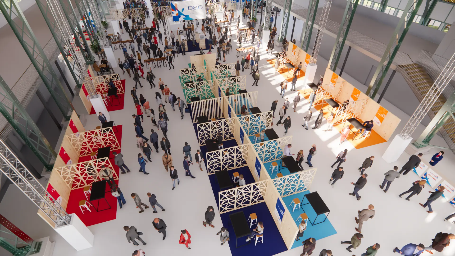 Vue en plongée de la halle, ses allées de stands en bois et ses tapis rouges, bleus, cyan et orange