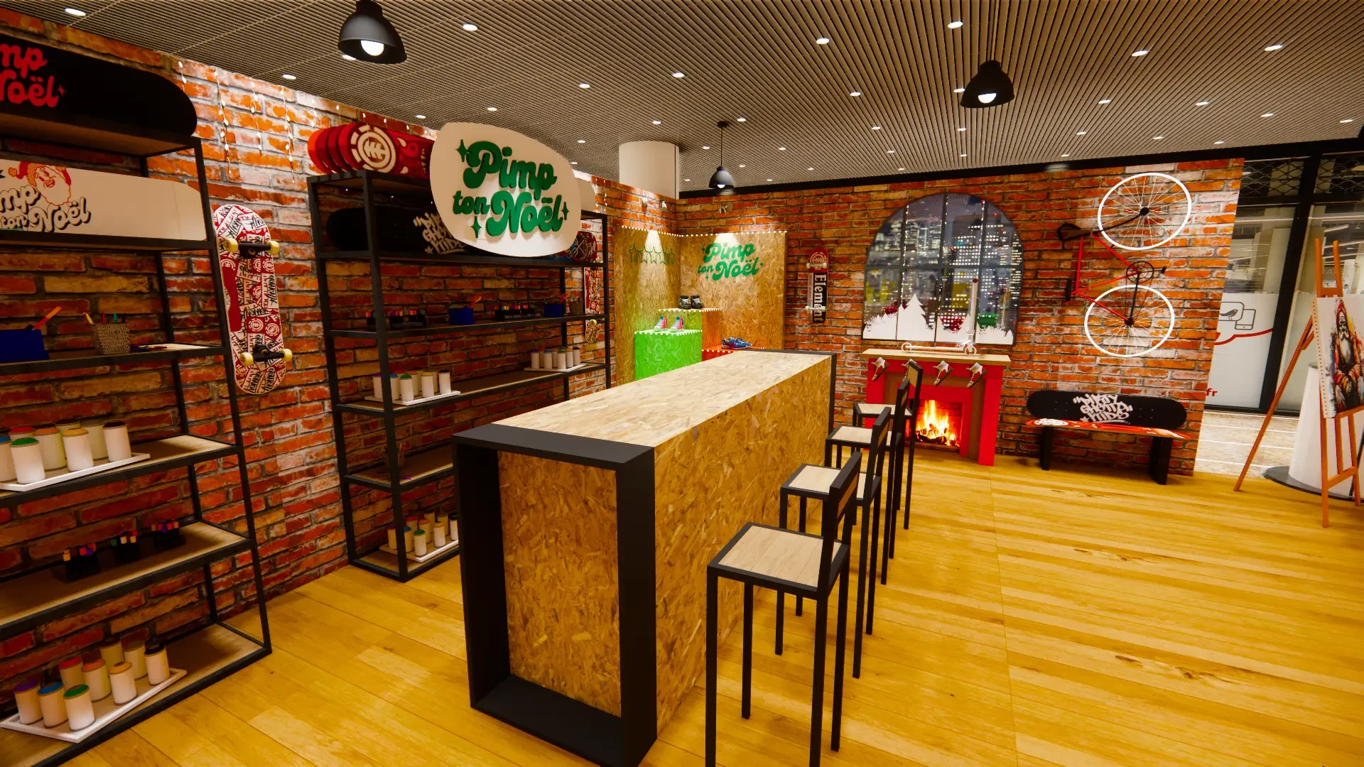 Le comptoir en bois et les étagères de l’atelier