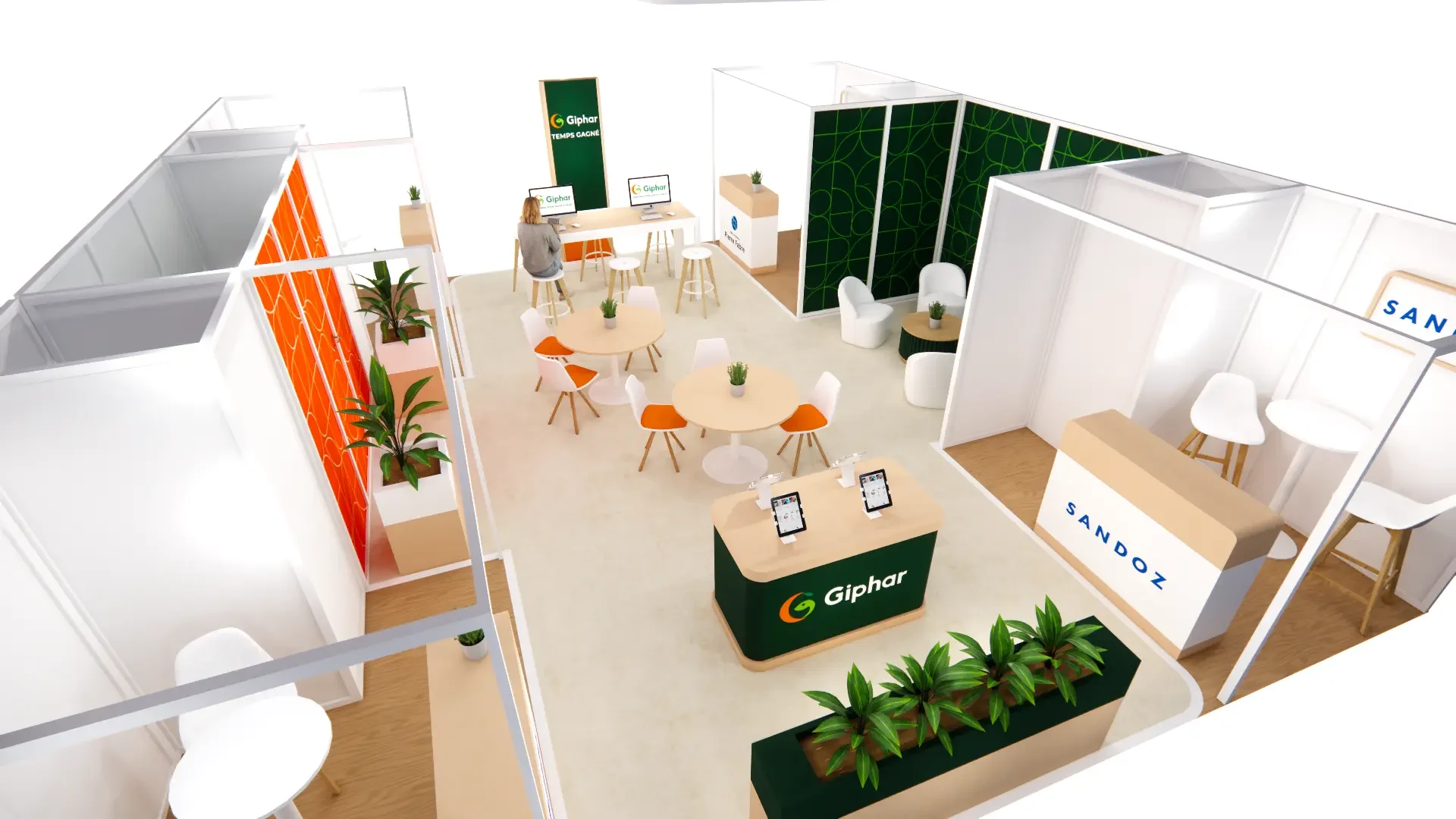 Le comptoir Giphar, les tables rondes et l’espace Sandoz