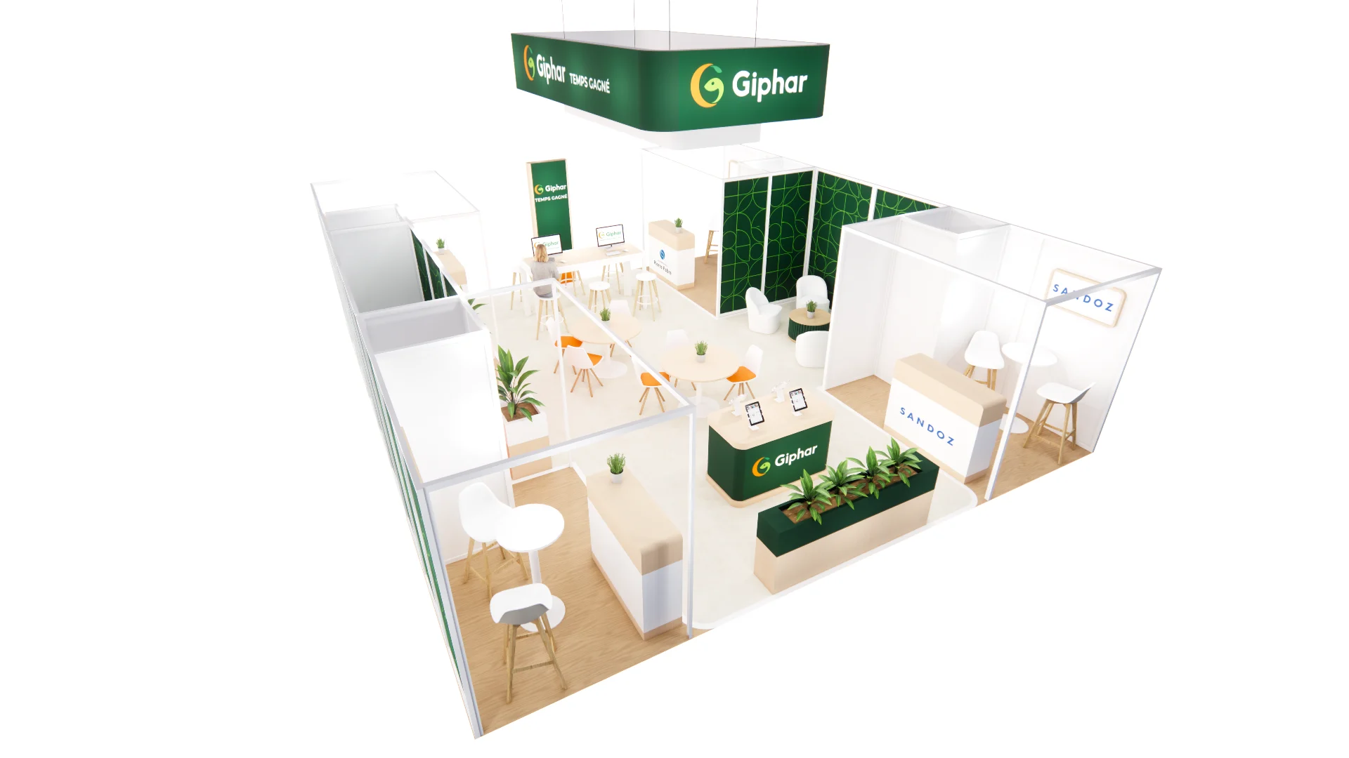 Vue d’ensemble du stand Giphar, enseigne suspendue et cloisons vert et blanc